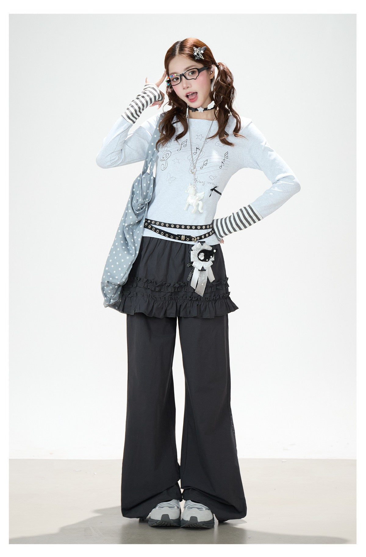 Music Note Bow Stripe-Cuff Long Sleeve Top & Ruffle Overlay Wide-Leg Pants