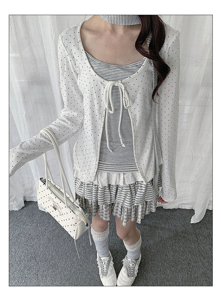 Polka Dot Tie-Front Layered Long Sleeve Top