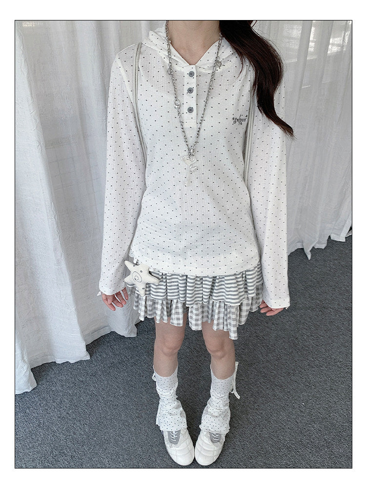 Polka Dot Henley Hooded Long Sleeve Top