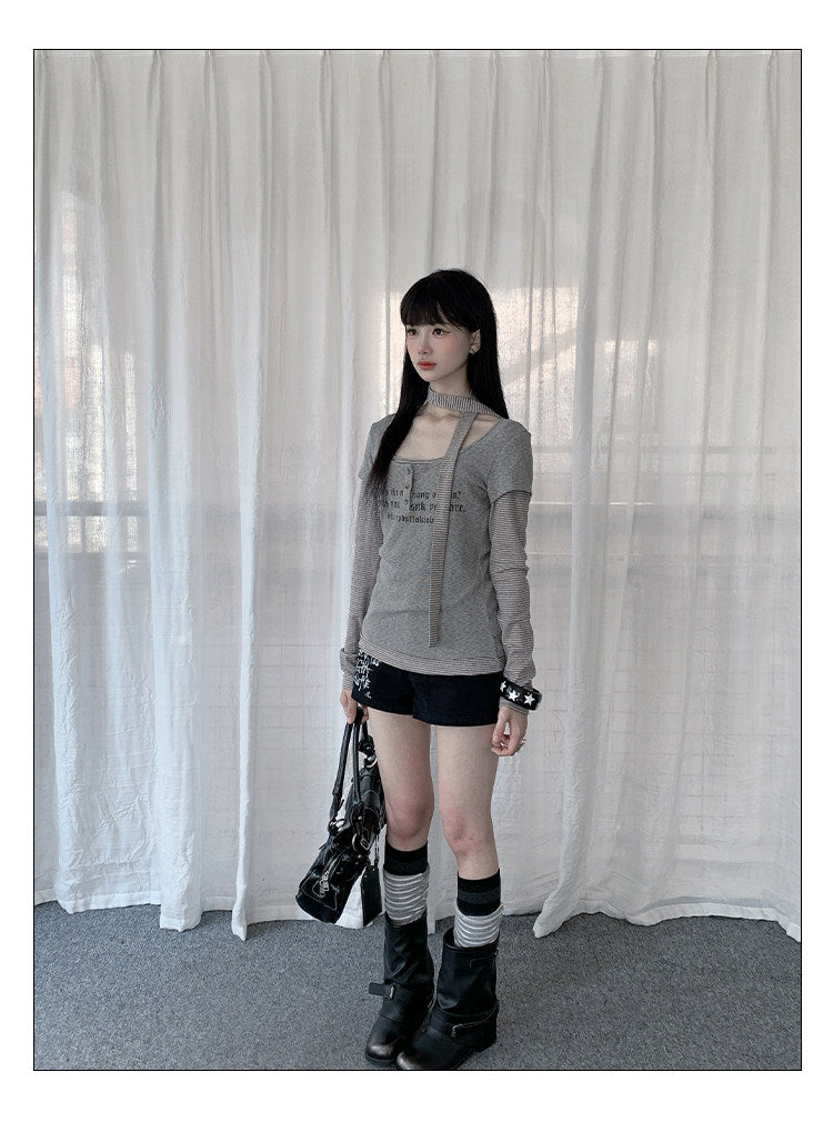Graphic Layered Henley Long Sleeve Top with Neck Tie