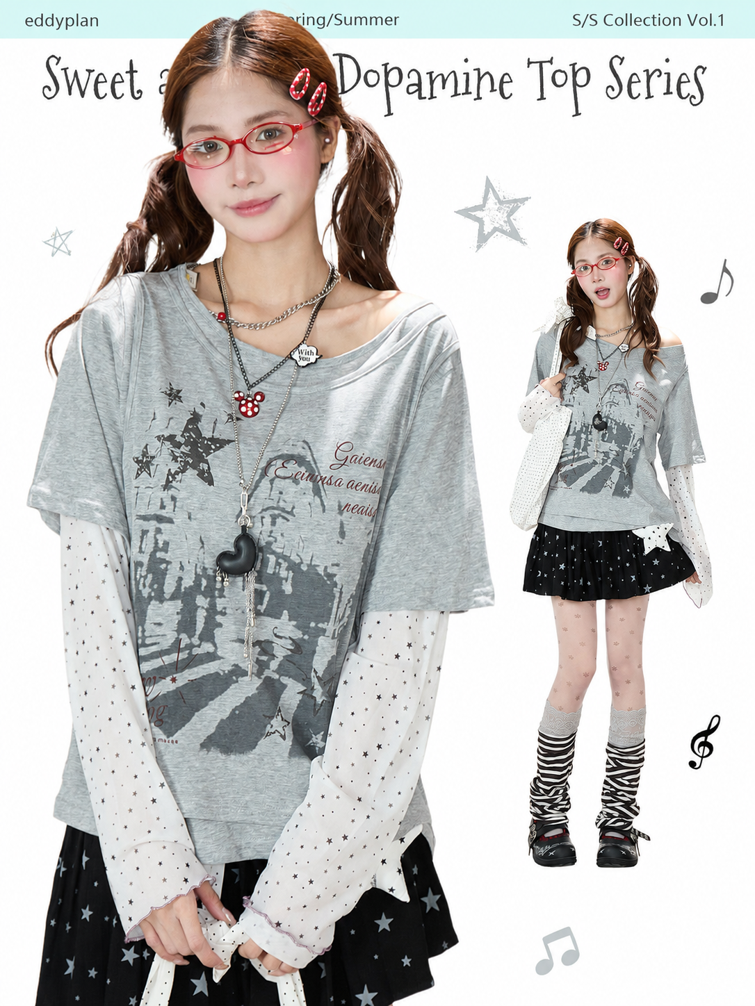 Faux Layered Star Mesh Graphic Long Sleeve Top & Black Star Pleated Mini Skirt