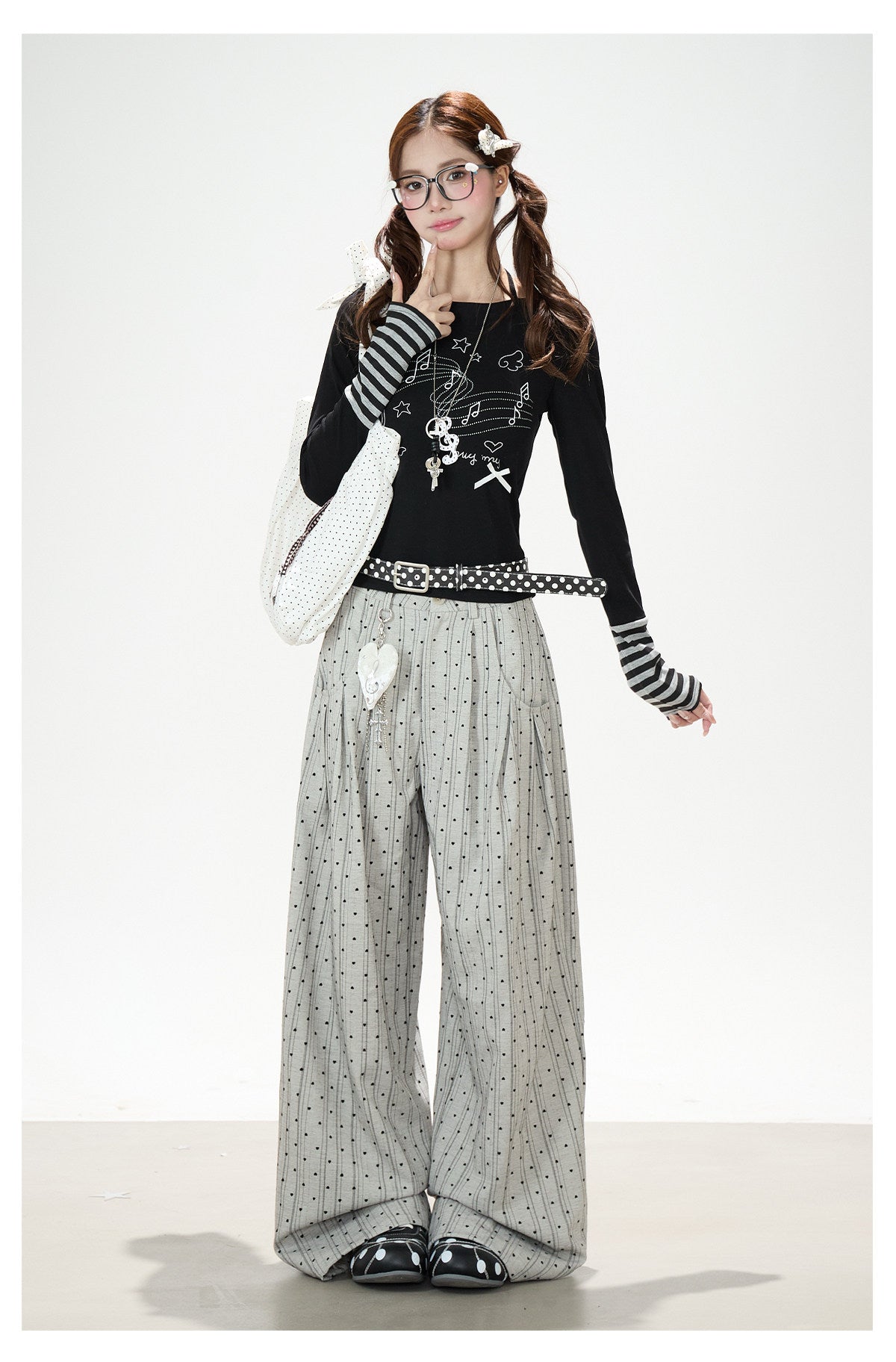 Music Note Bow Stripe-Cuff Long Sleeve Top & Ruffle Overlay Wide-Leg Pants