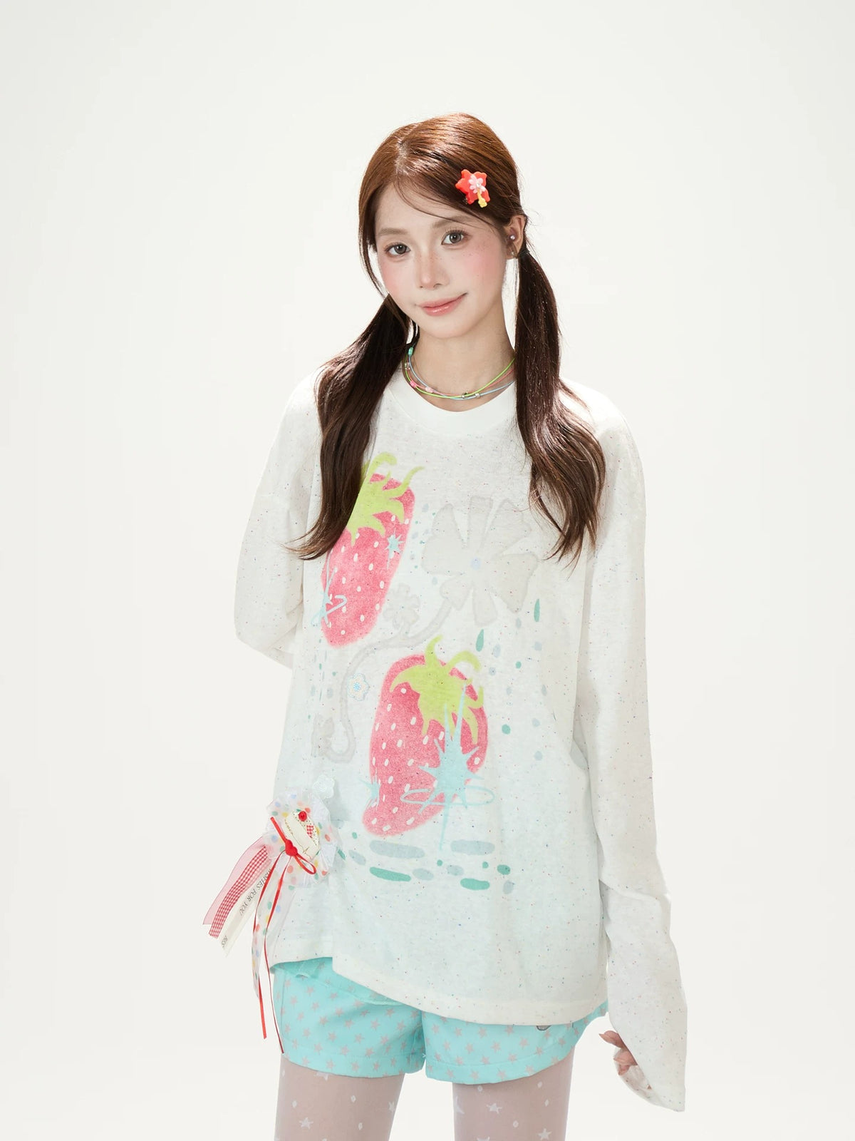 Strawberry Doodle Long Sleeve Tee & Aqua Polka-Dot Shorts