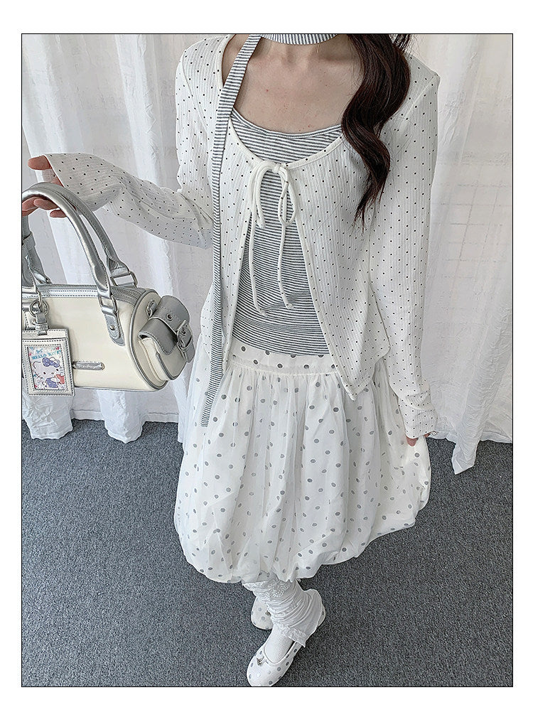 Polka Dot Tie-Front Layered Long Sleeve Top