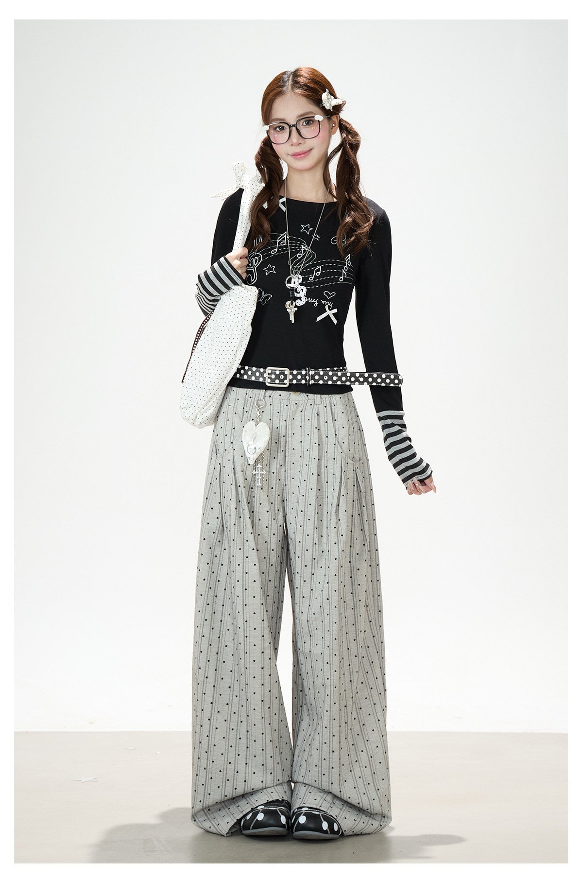 Music Note Bow Stripe-Cuff Long Sleeve Top & Ruffle Overlay Wide-Leg Pants