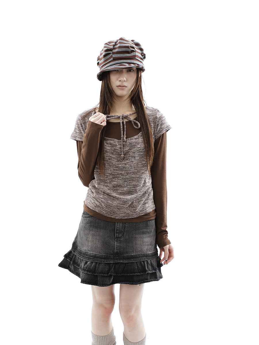 Tie-Front Textured Top & Long Sleeve Two-Piece Set