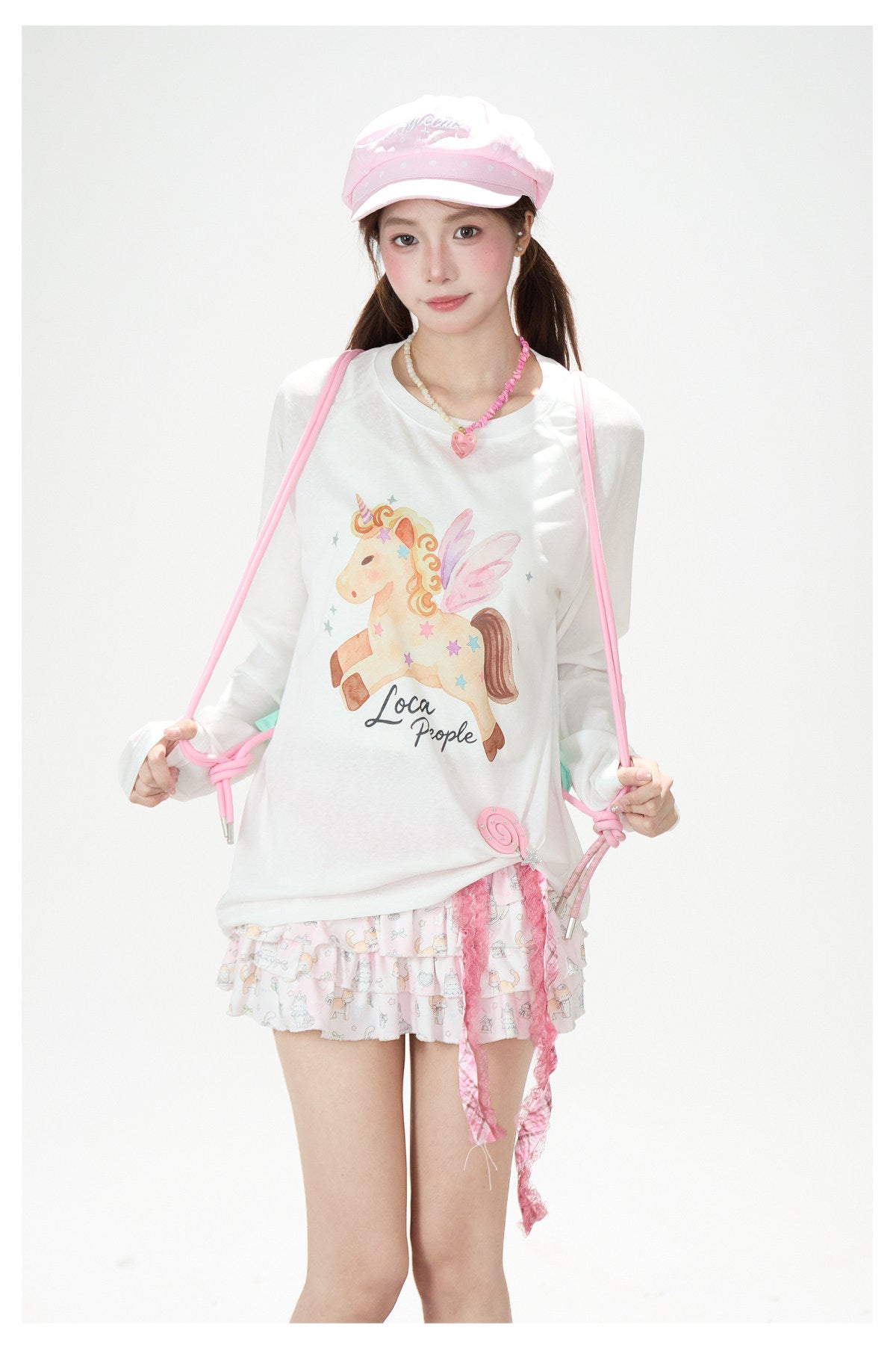 Winged Pony Graphic Long Sleeve Top & Cartoon Tiered Ruffle Mini Skirt