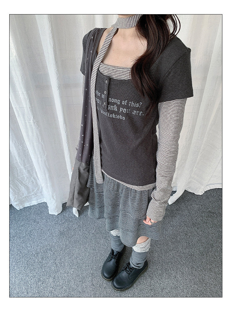 Graphic Layered Henley Long Sleeve Top with Neck Tie