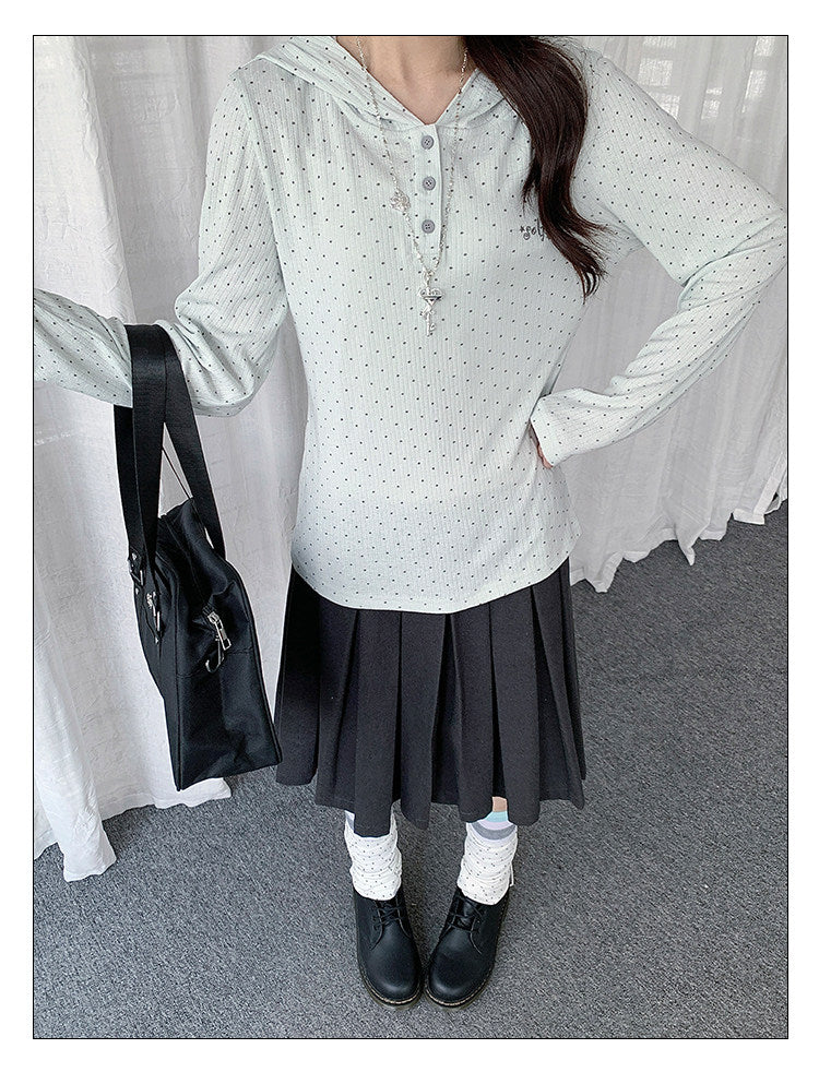 Polka Dot Henley Hooded Long Sleeve Top