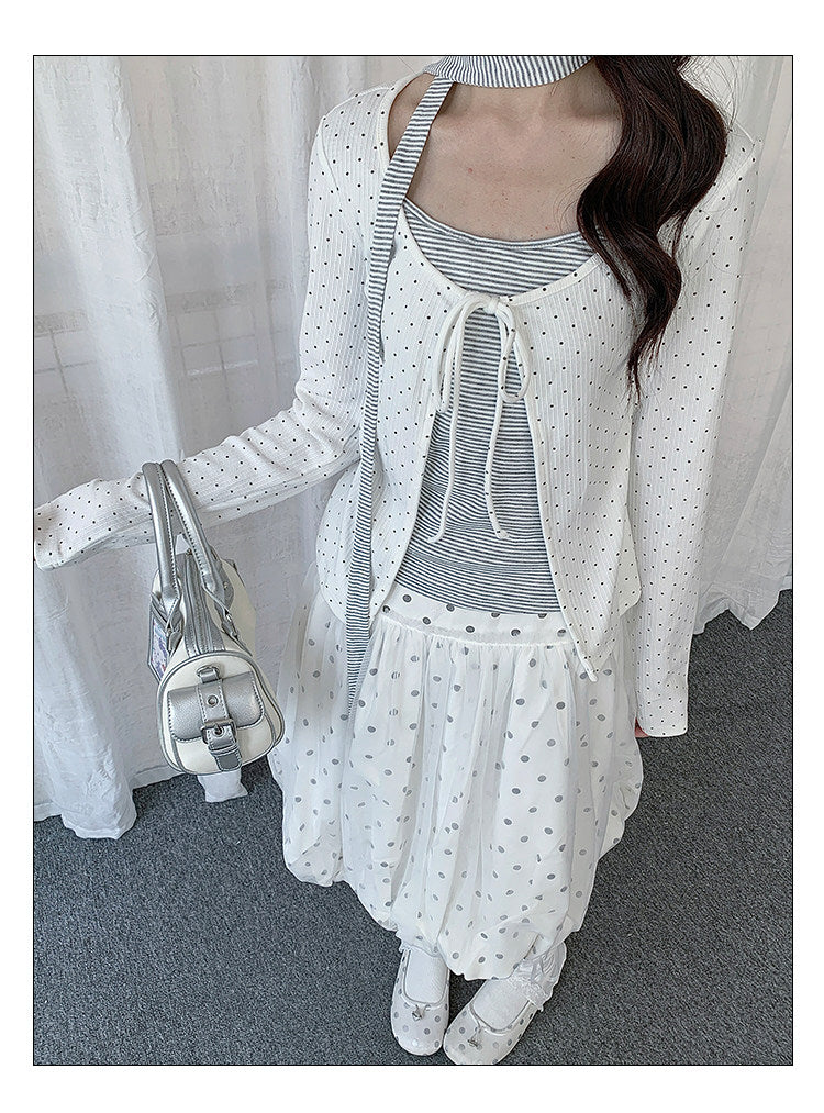 Polka Dot Tie-Front Layered Long Sleeve Top