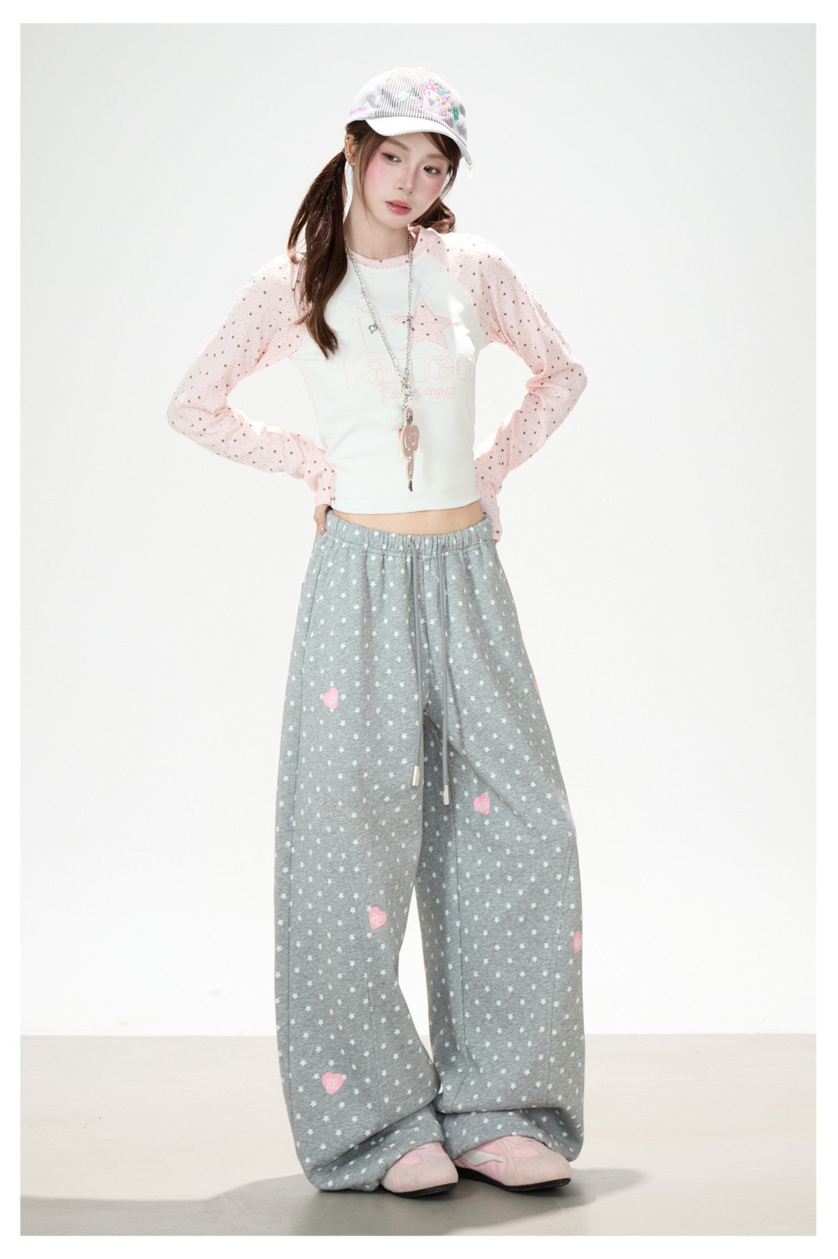 Pink Star Raglan Long Sleeve Top & Gray Heart Star Wide-Leg Pants