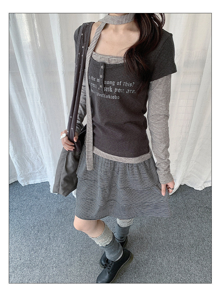 Graphic Layered Henley Long Sleeve Top with Neck Tie