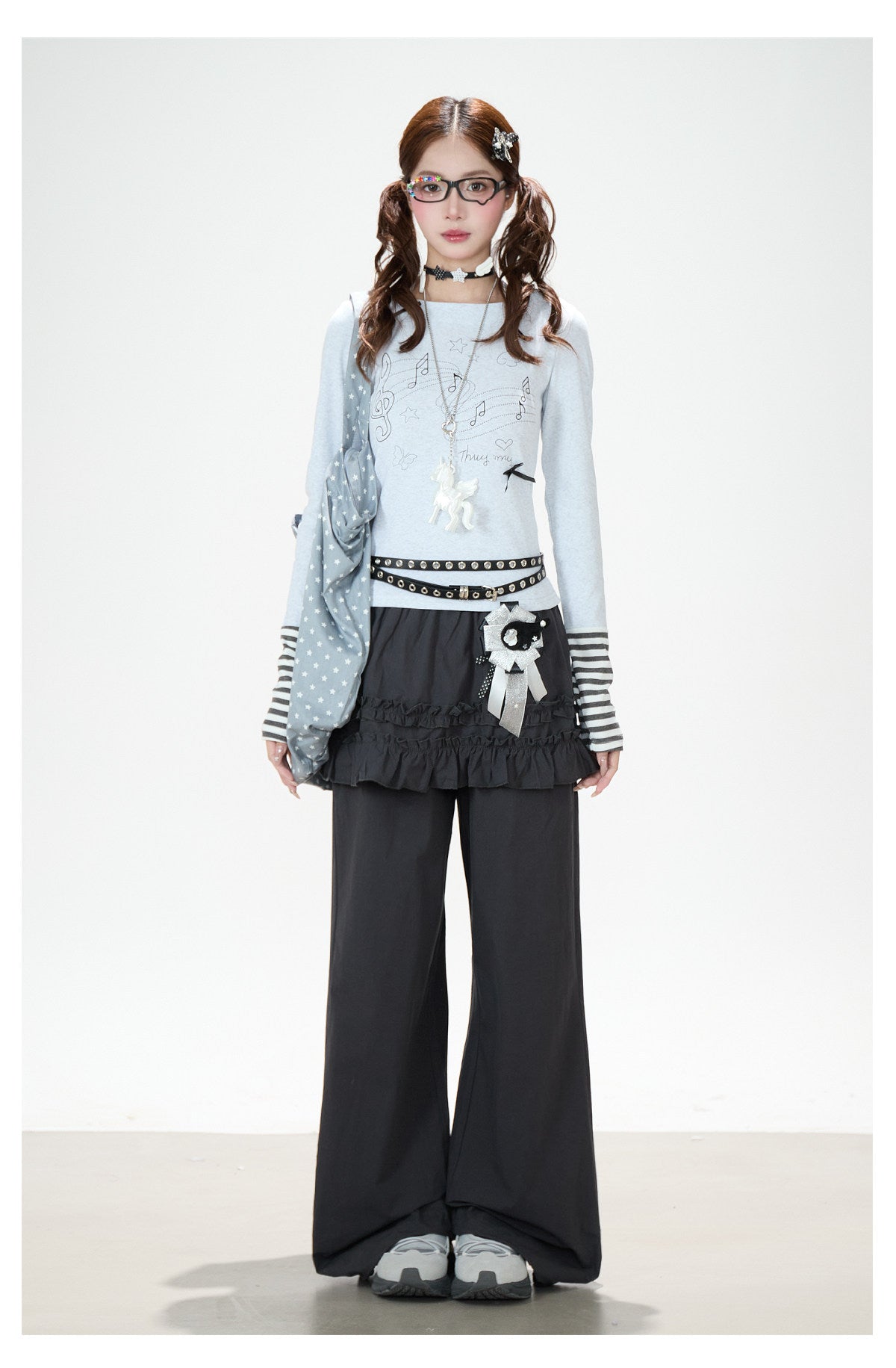 Music Note Bow Stripe-Cuff Long Sleeve Top & Ruffle Overlay Wide-Leg Pants
