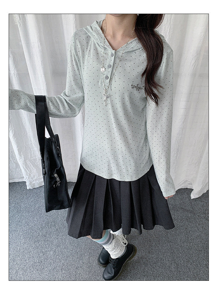 Polka Dot Henley Hooded Long Sleeve Top