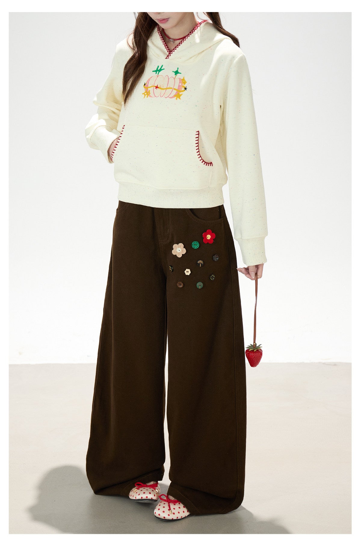 Apple Embroidered Hoodie & Floral Wide-Leg Sweatpants