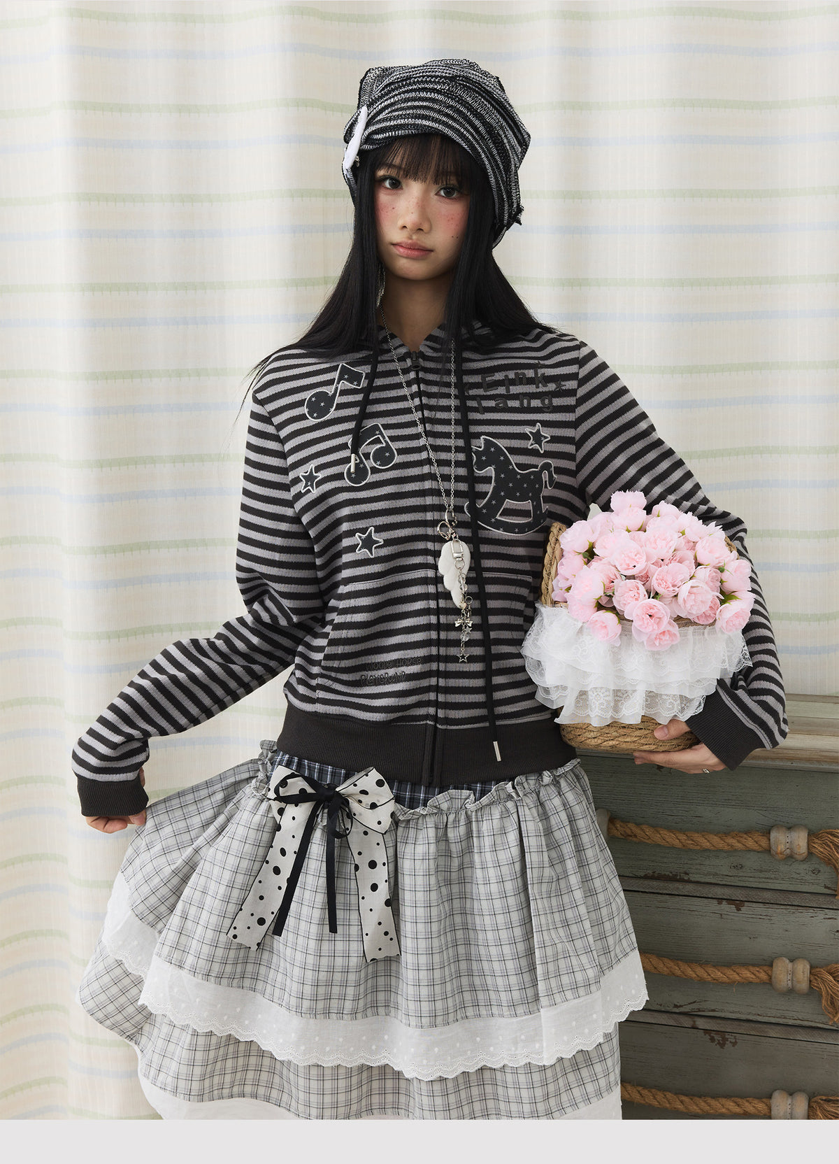 Striped Rocking Horse Embroidered Zip-Up Hoodie