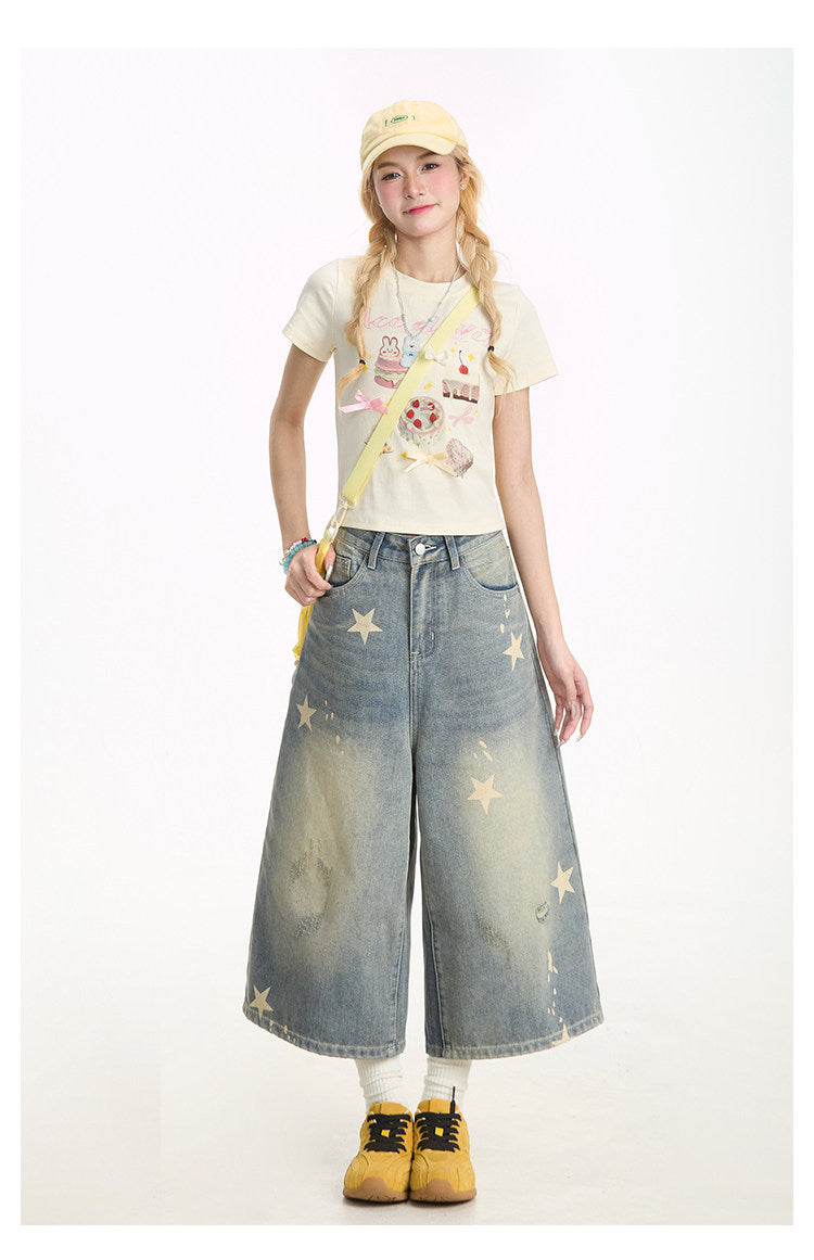 Washed Star Print Wide-Leg Denim Capri Pants