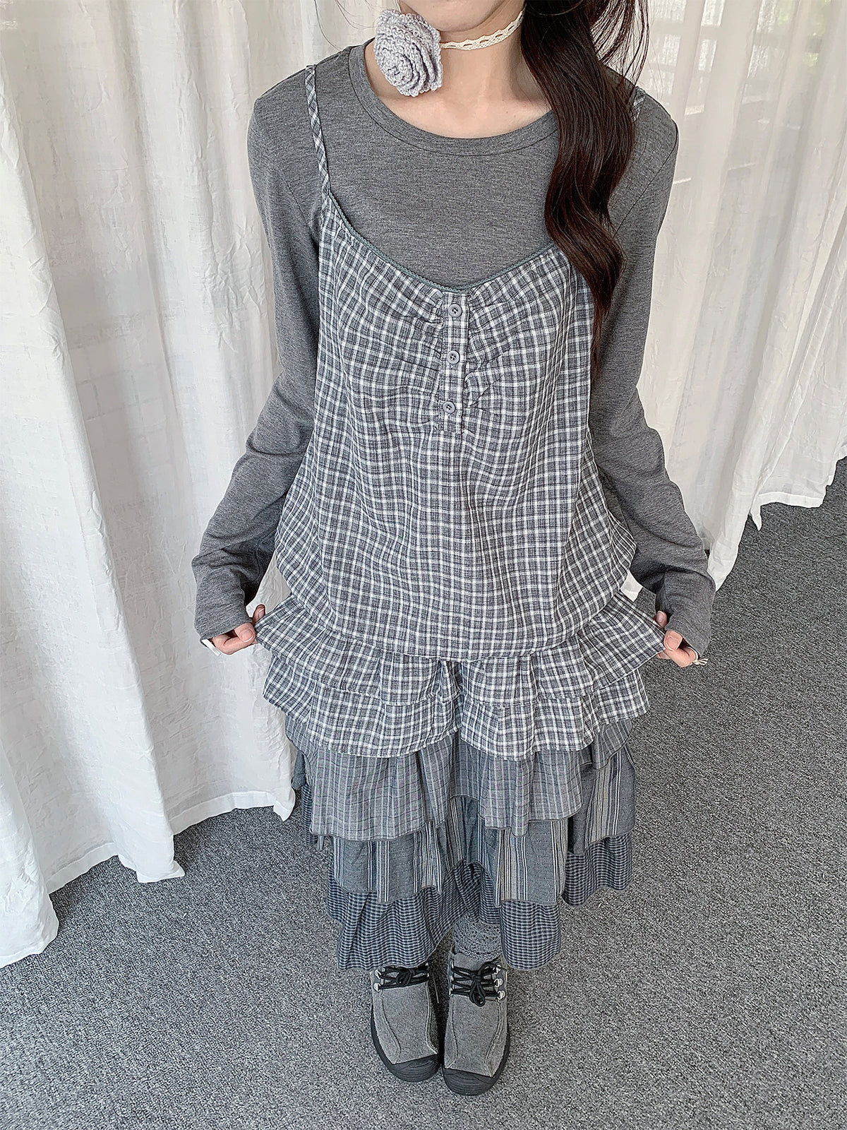 Gray Plaid Cami & Long Sleeve Layered Top Set
