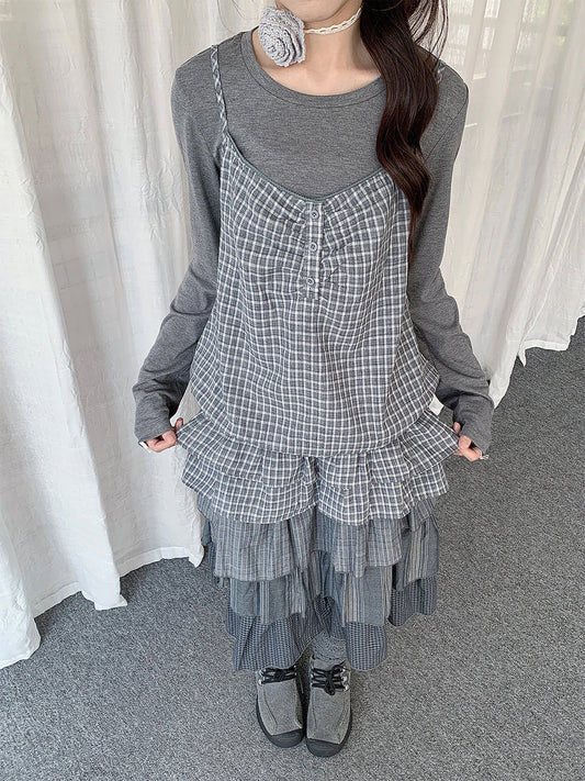 Gray Plaid Cami & Long Sleeve Layered Top Set
