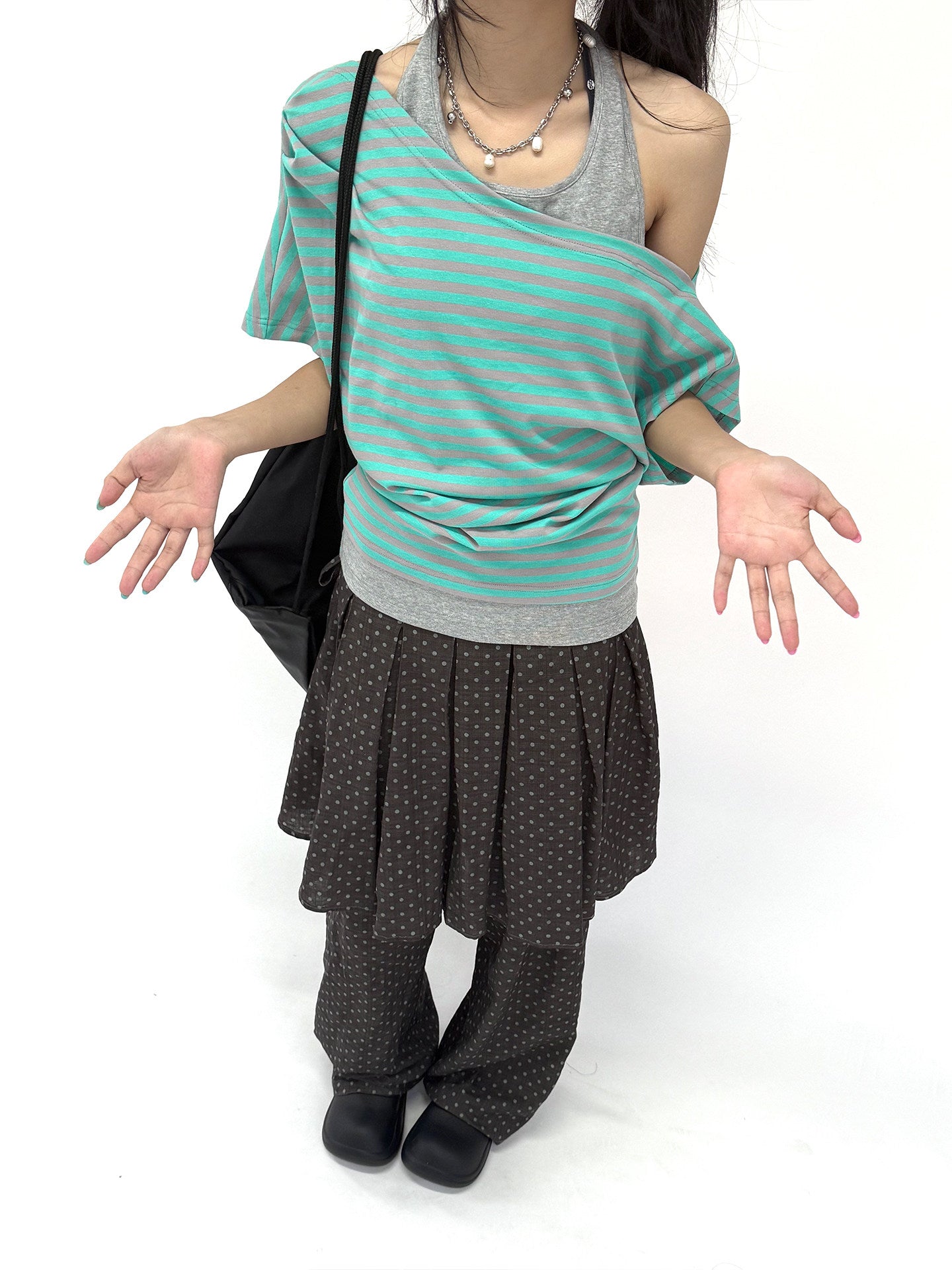 Mint Stripe Off-Shoulder Layered Halter Tee