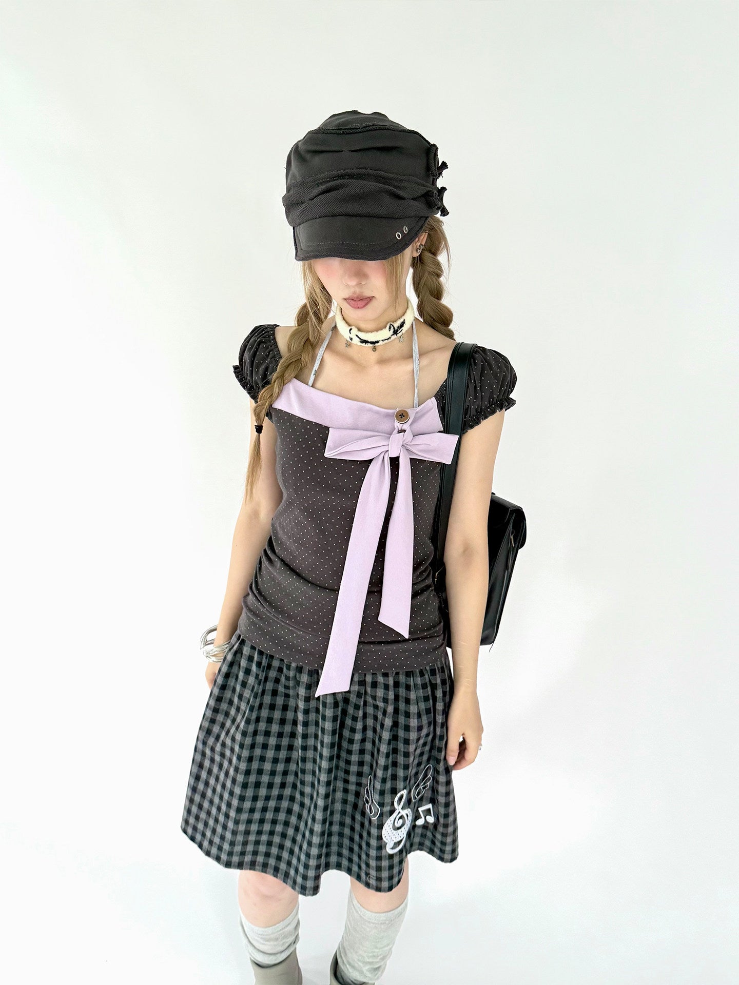 Lavender Bow Polka Dot Fitted Puff-Sleeve Top