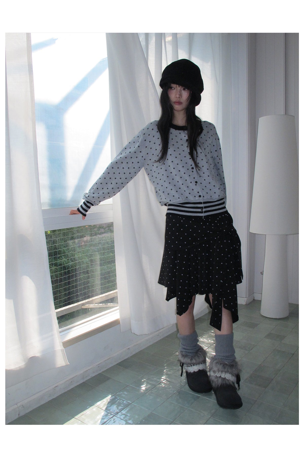 Star Print Contrast-Trim Knit Cardigan