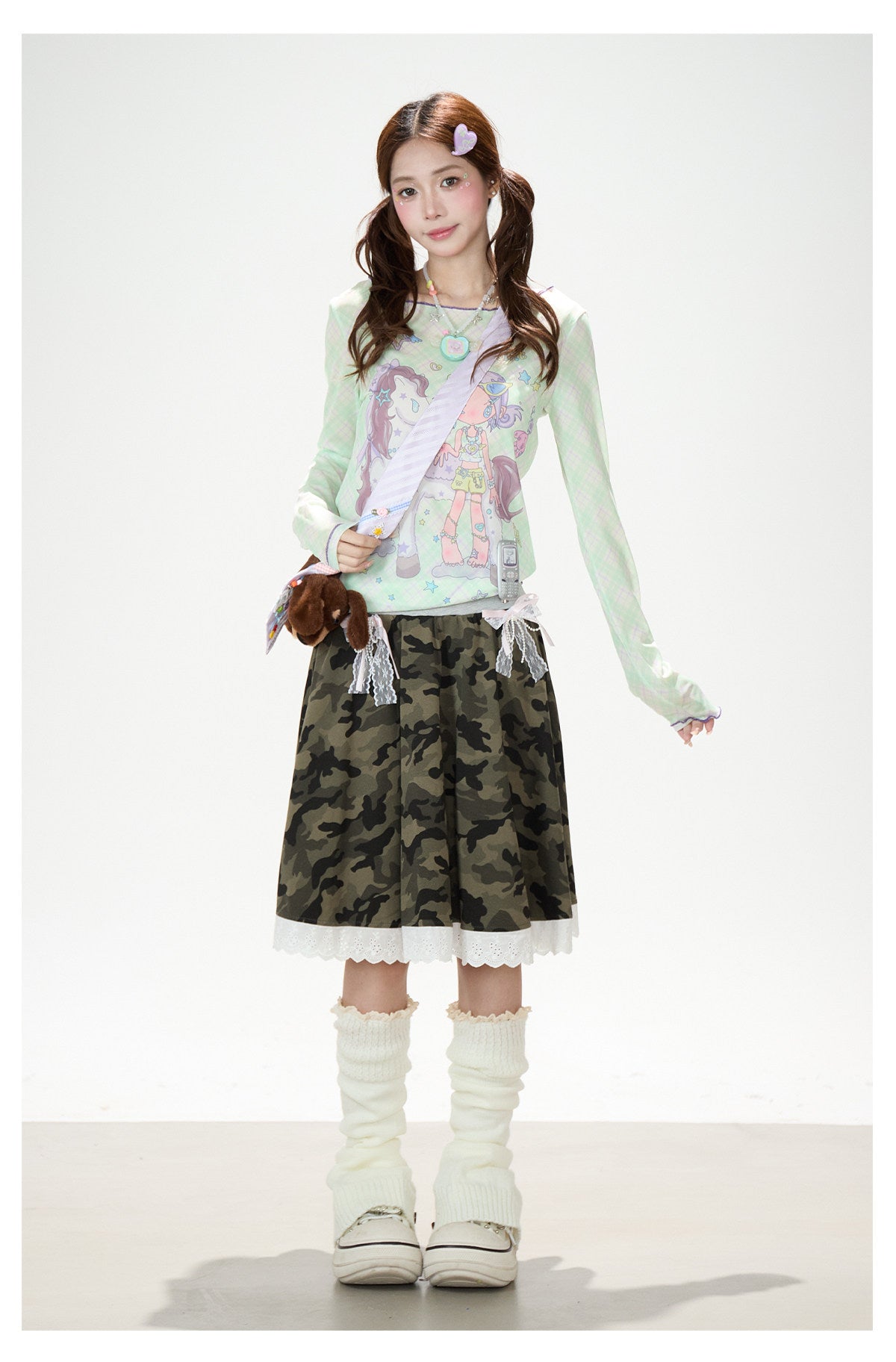 Pastel Anime Plaid Long Sleeve Top & Camo Lace-Trim Midi Skirt