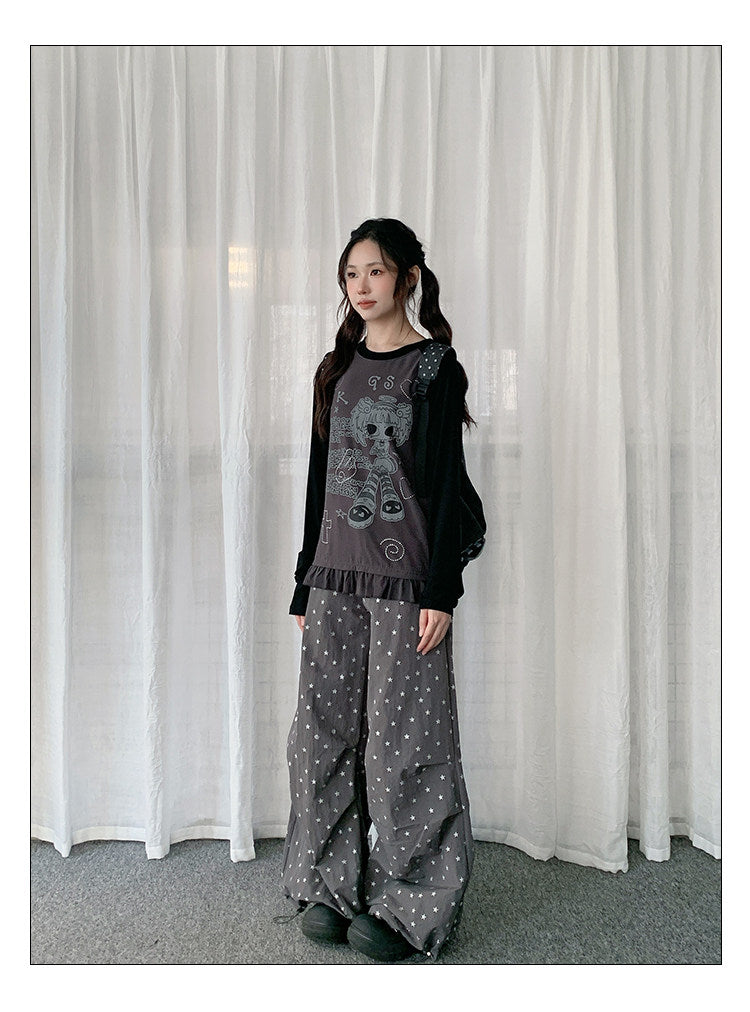 Angel Girl Graphic Raglan Ruffle Long Sleeve Top