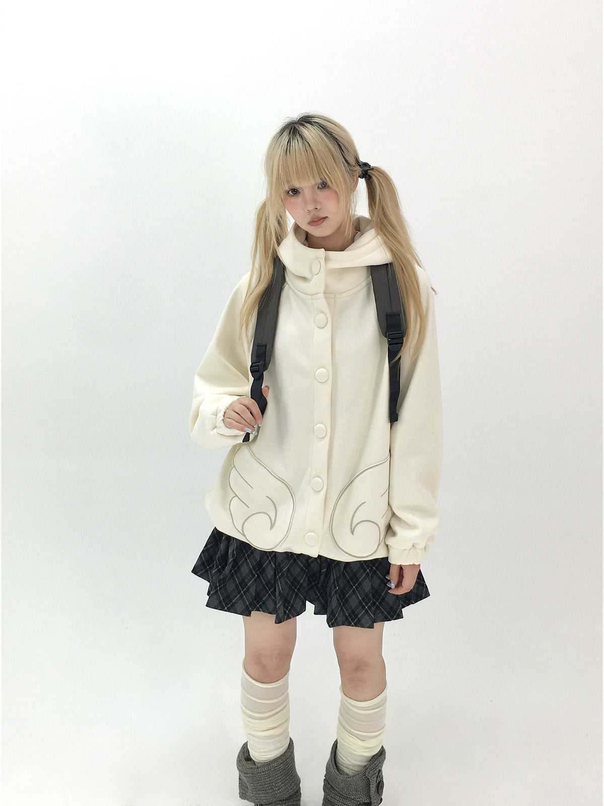 Dusty Blue & Ivory Fleece-Lined Cat Ear Wing Pocket Hooded Jacket