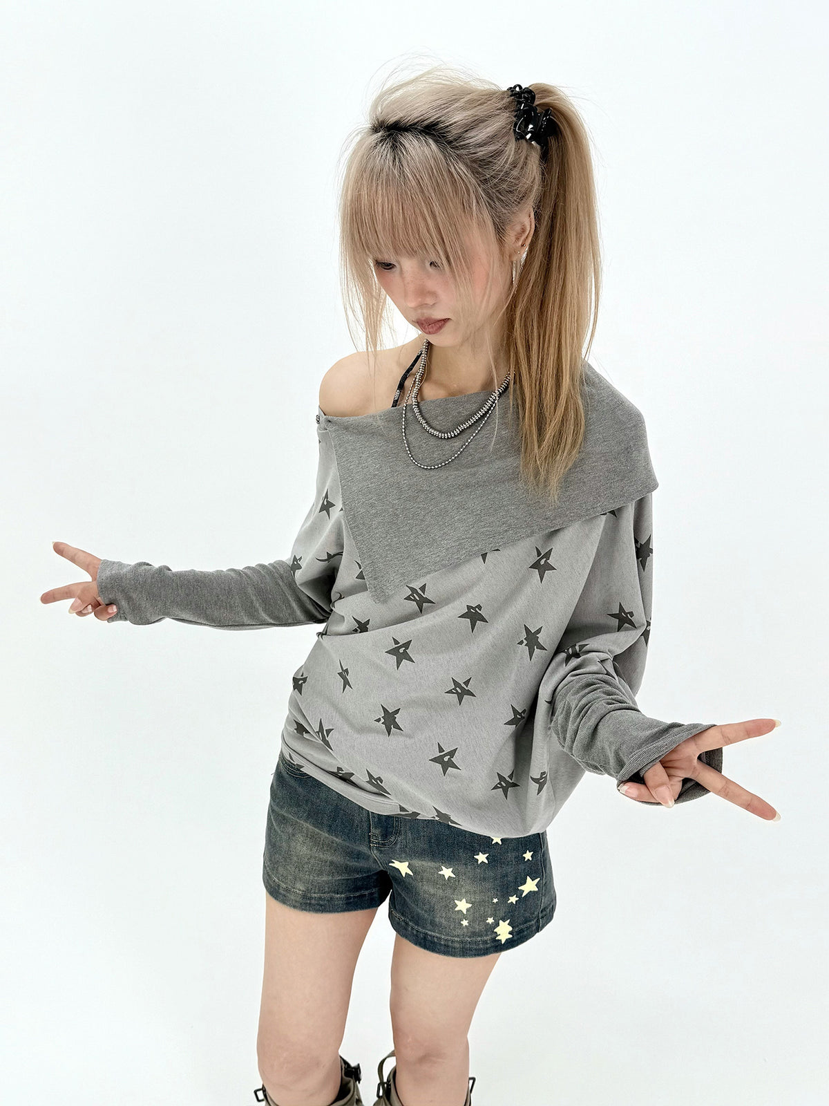 Star Print Draped Off-Shoulder Long Sleeve Top