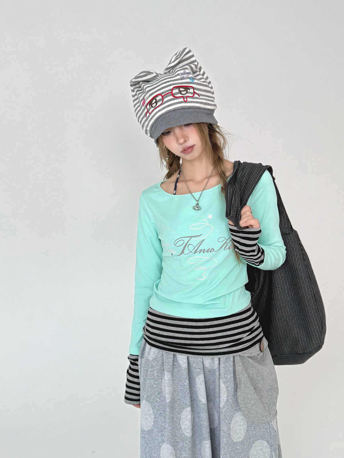 Mint Star Script Faux-Layered Long Sleeve Top