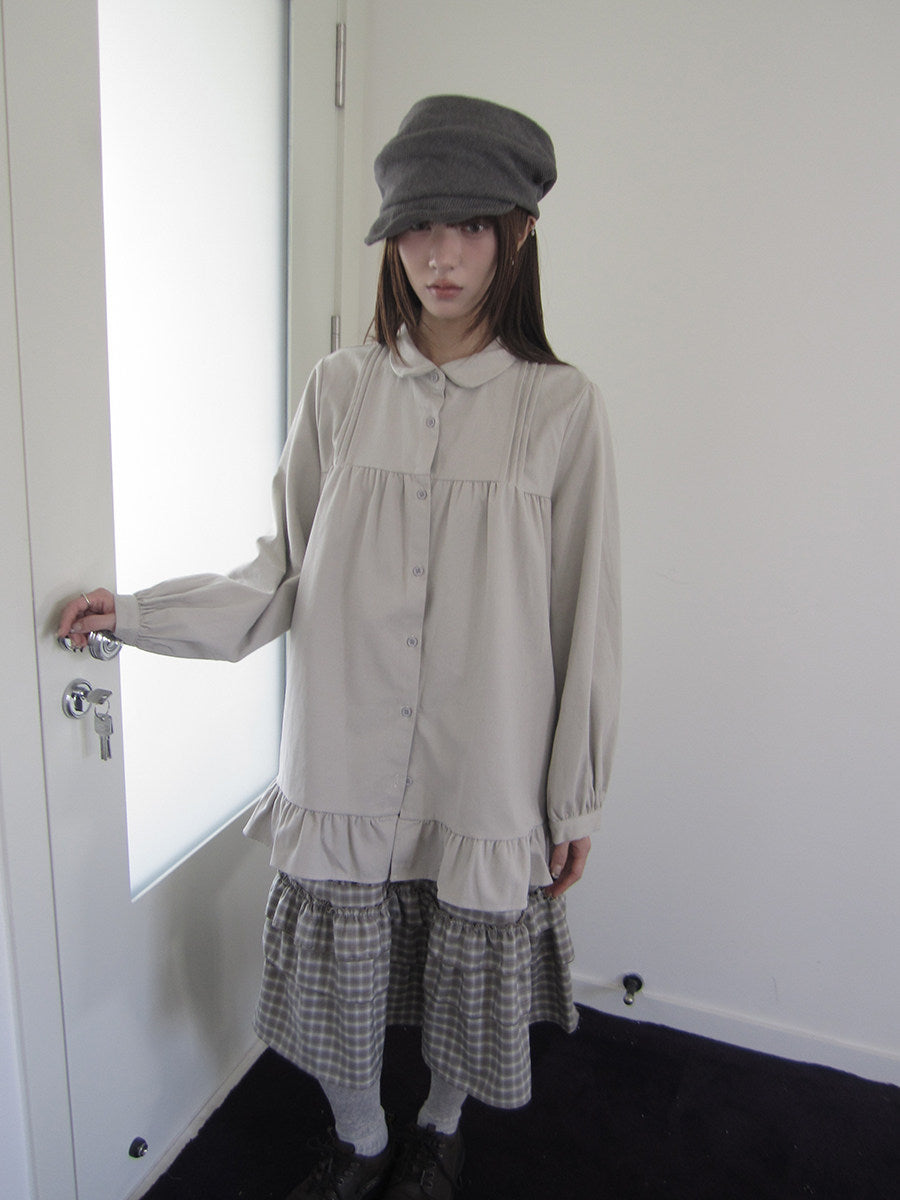 Pleated Ruffle Hem Button-Up Long Sleeve Blouse