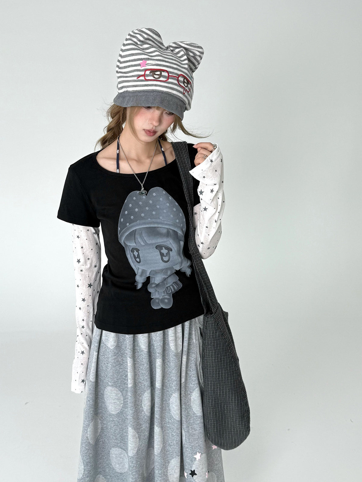 Mushroom Girl Star Faux-Layered Long Sleeve Tee