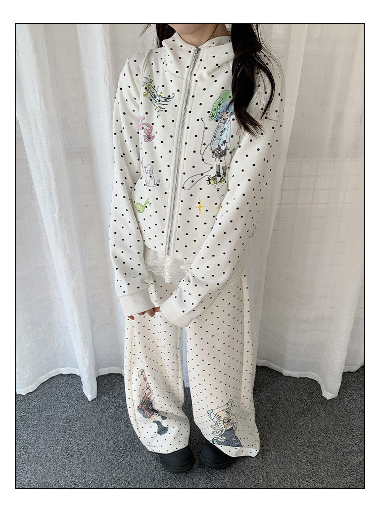 Polka Dot Devil-Horn Cartoon Girl Zip Hoodie
