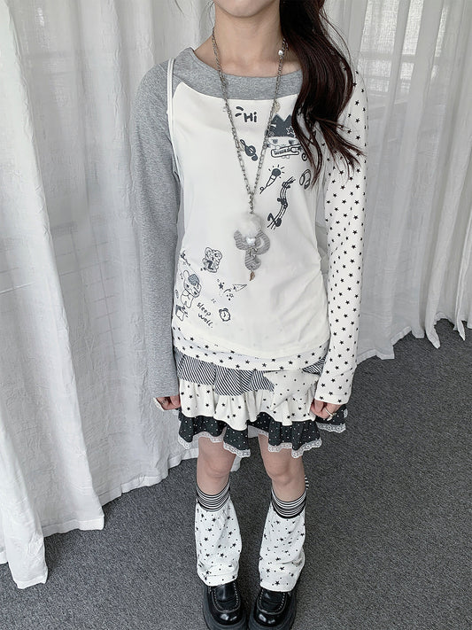 Star Graphic Asymmetric Layered Long Sleeve Top