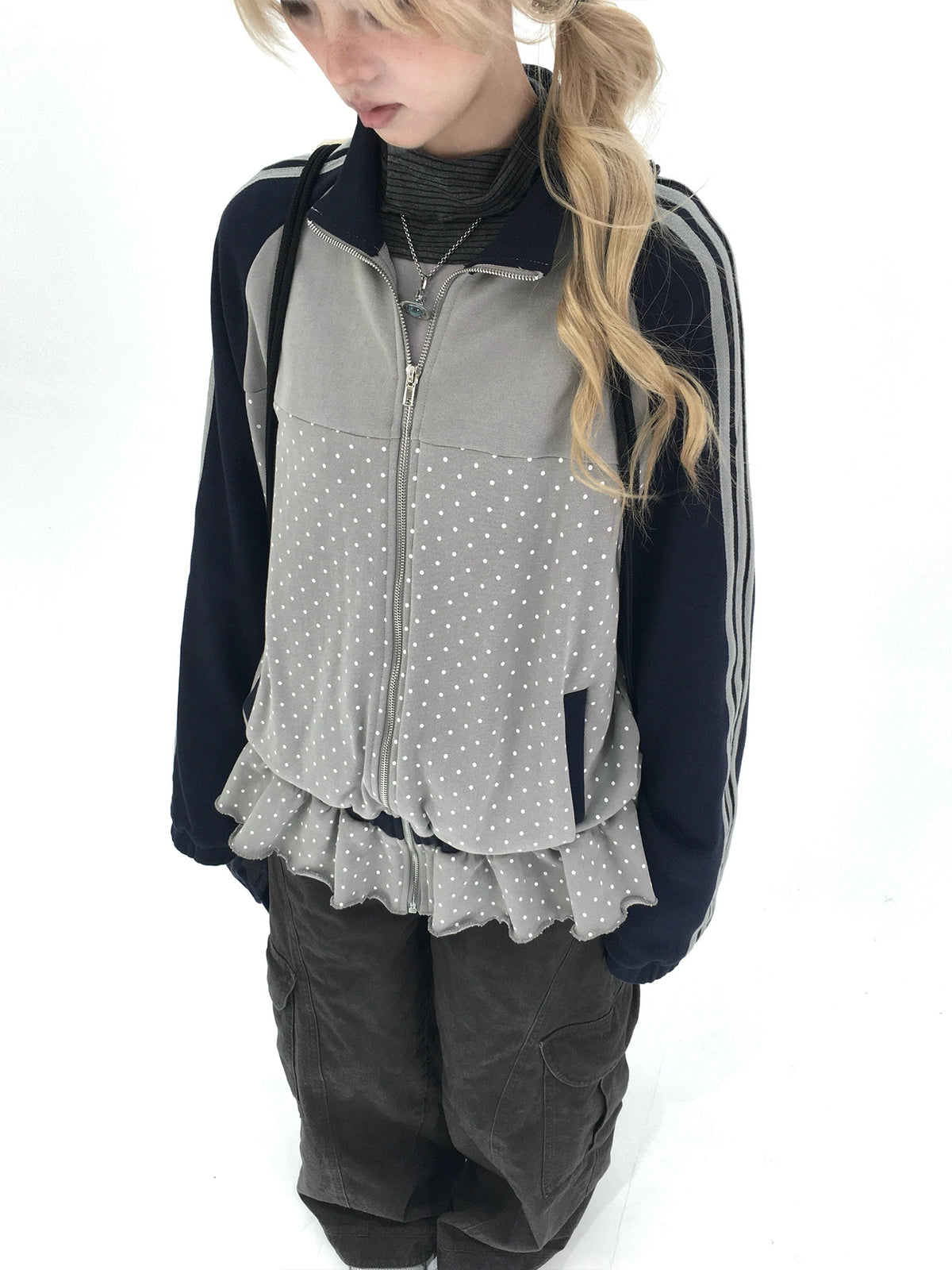 Gray Polka Dot Triple-Stripe Ruffle Zip Jacket