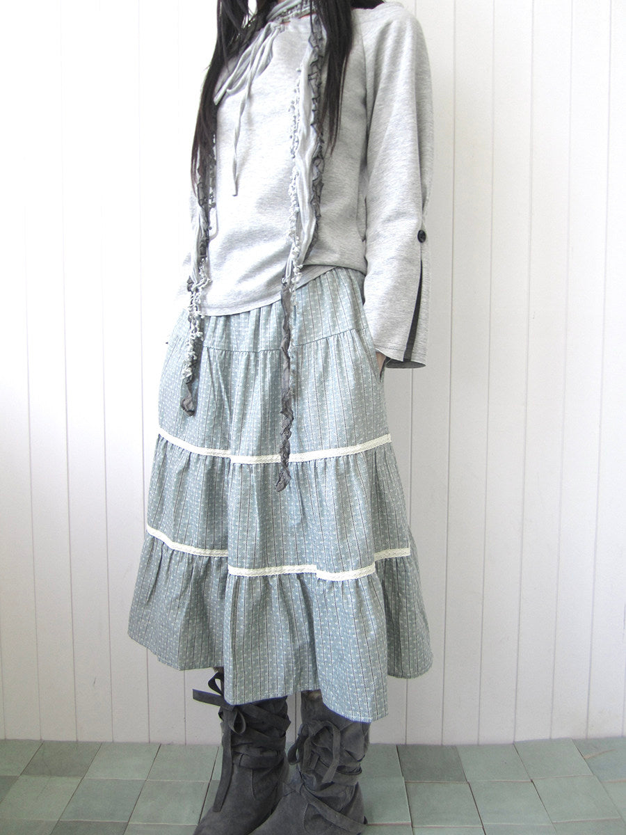 Dusty Blue Floral Tiered Lace Midi Skirt