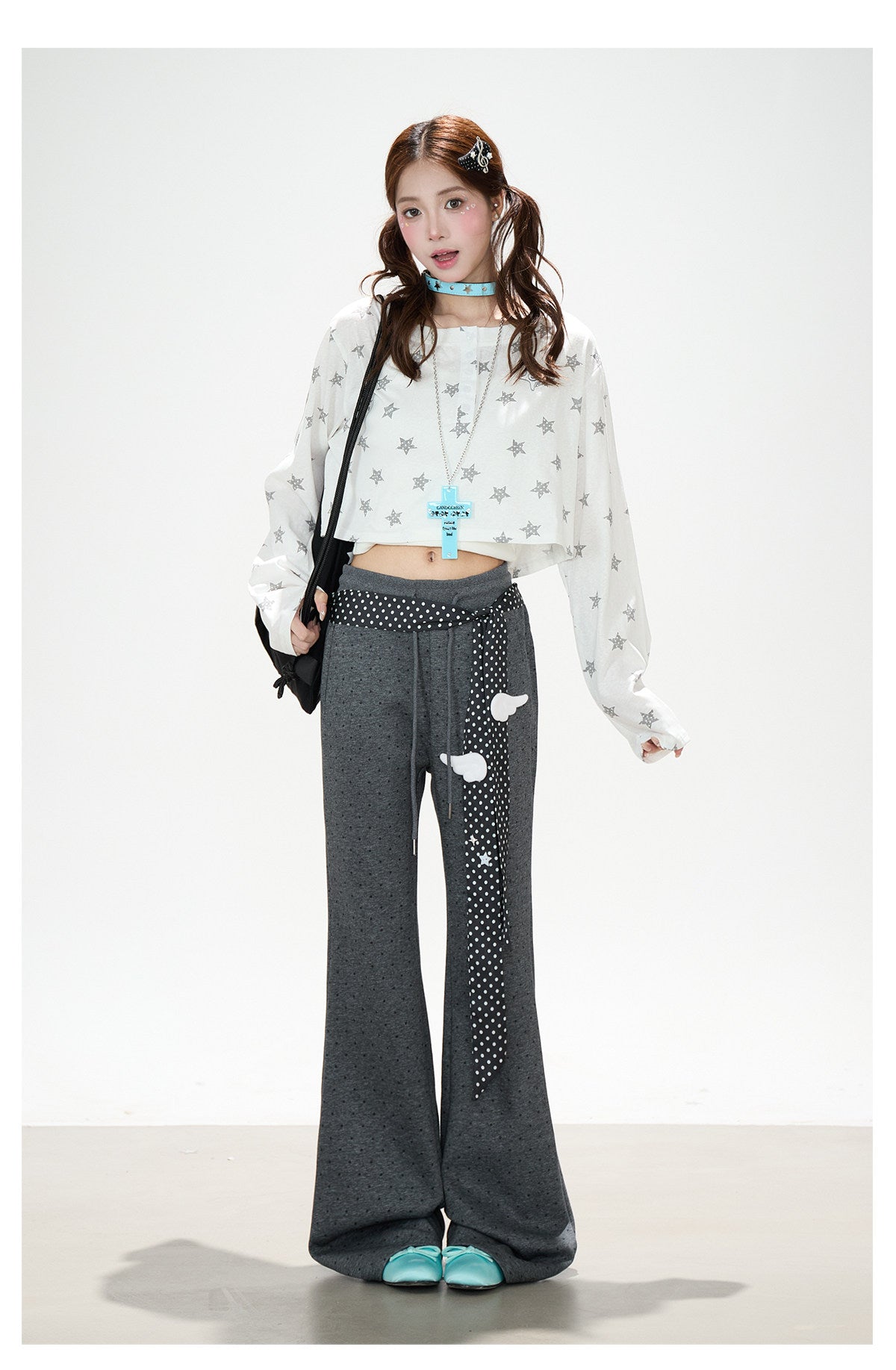 Allover Star Cropped Long Sleeve Top & Dark Heather Gray Wide Leg Pants