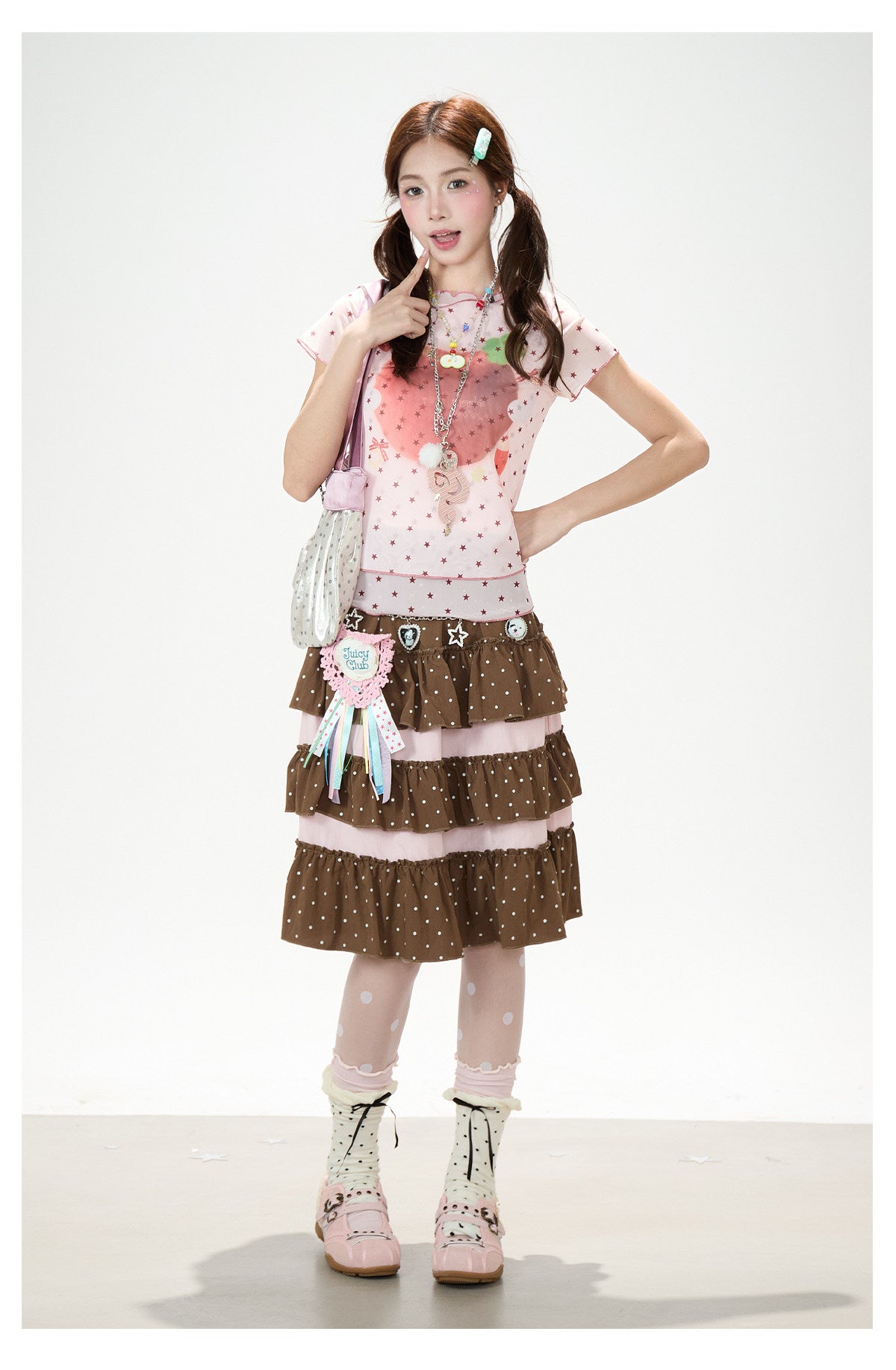 Star Mesh Baby Tee & White Wide-Leg Pants