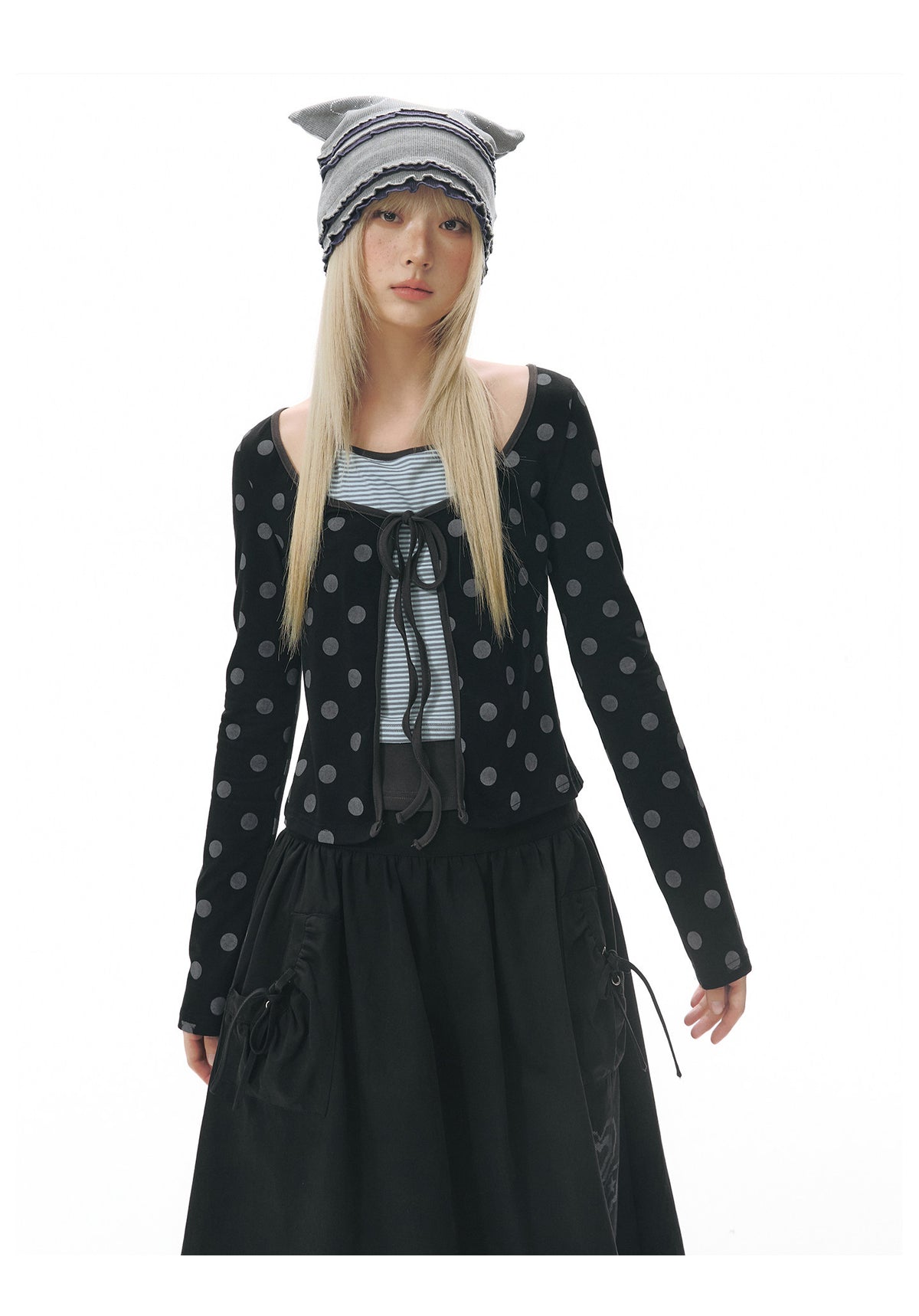 Polka Dot Tie-Front Layered Halter Long Sleeve Top