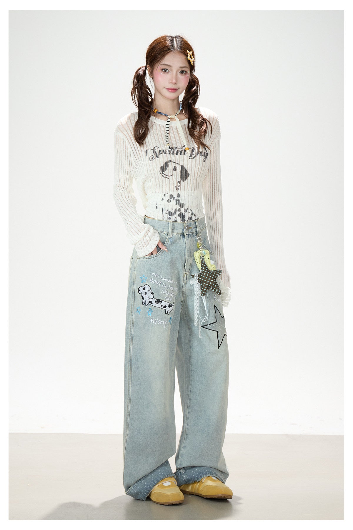 Puppy & Star Graphic Washed Wide-Leg Jeans