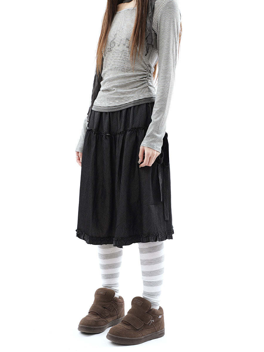 Washed Black Ruffle-Tiered Denim Midi Skirt