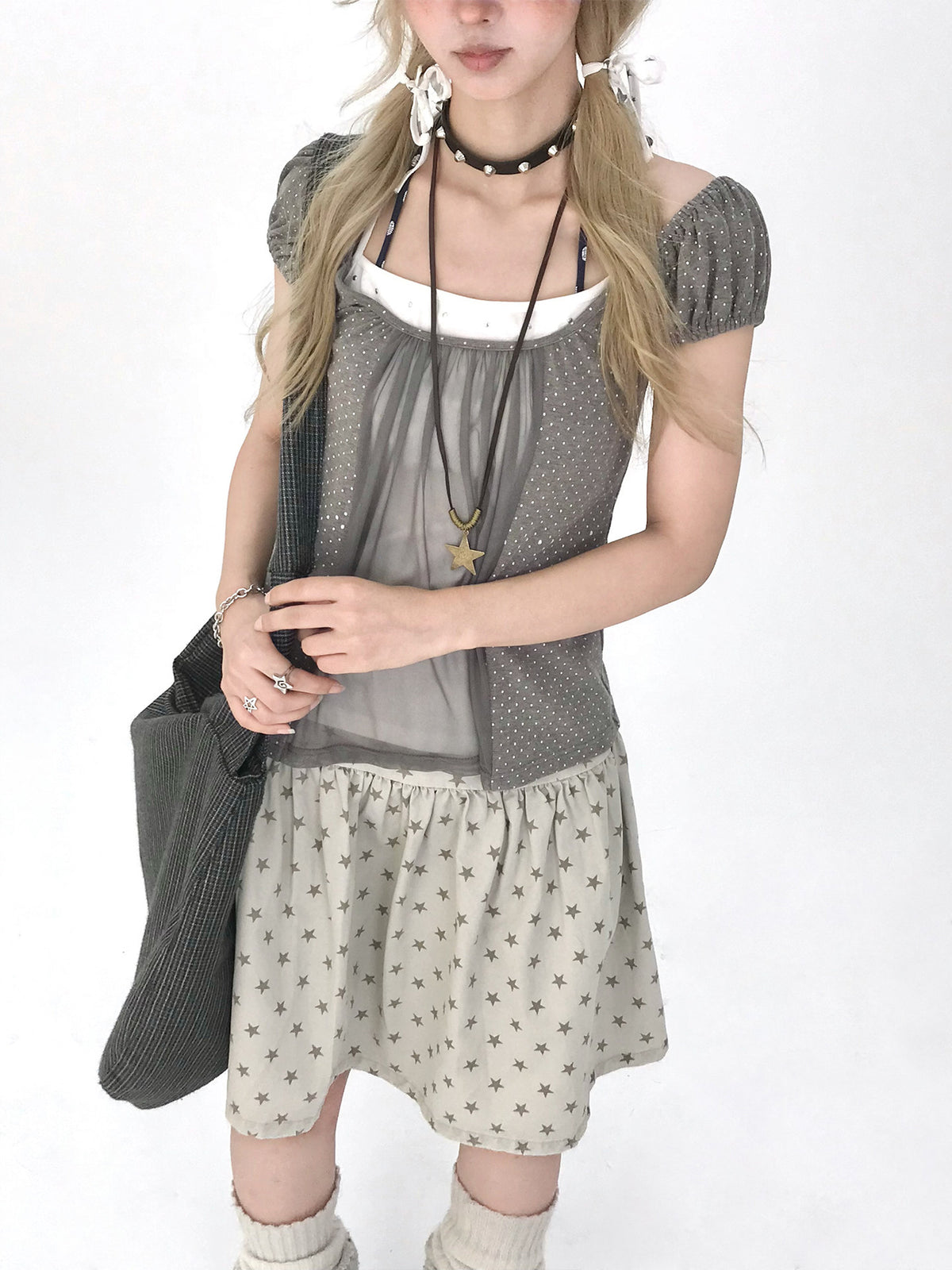 Polka Dot Mesh Panel Faux-Layered Short Sleeve Top