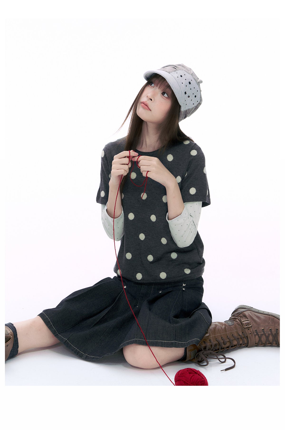 Polka Dot Wool-Blend Short Sleeve Knit Top
