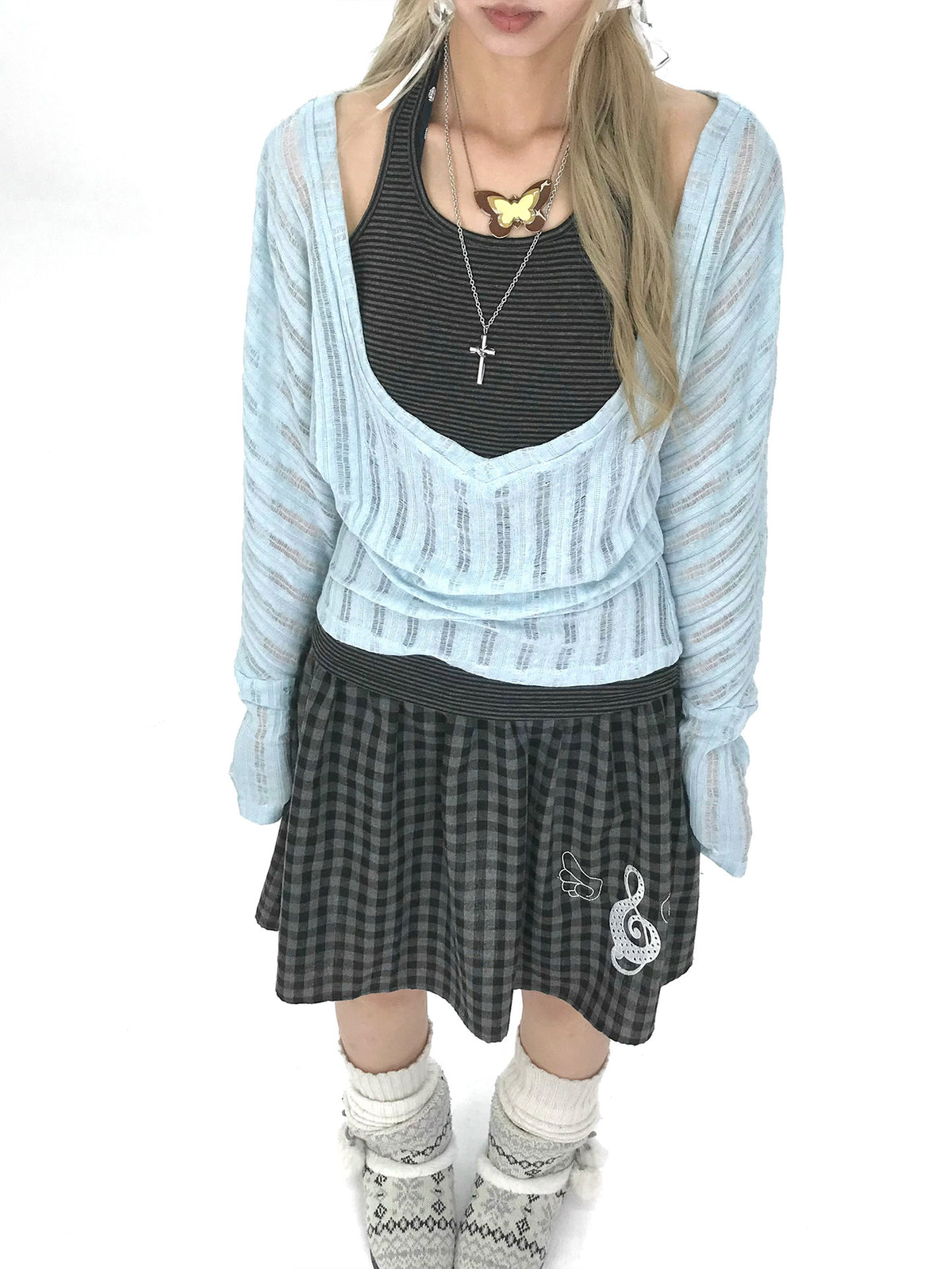 Icy Blue Striped Halter-Layered Long Sleeve Top