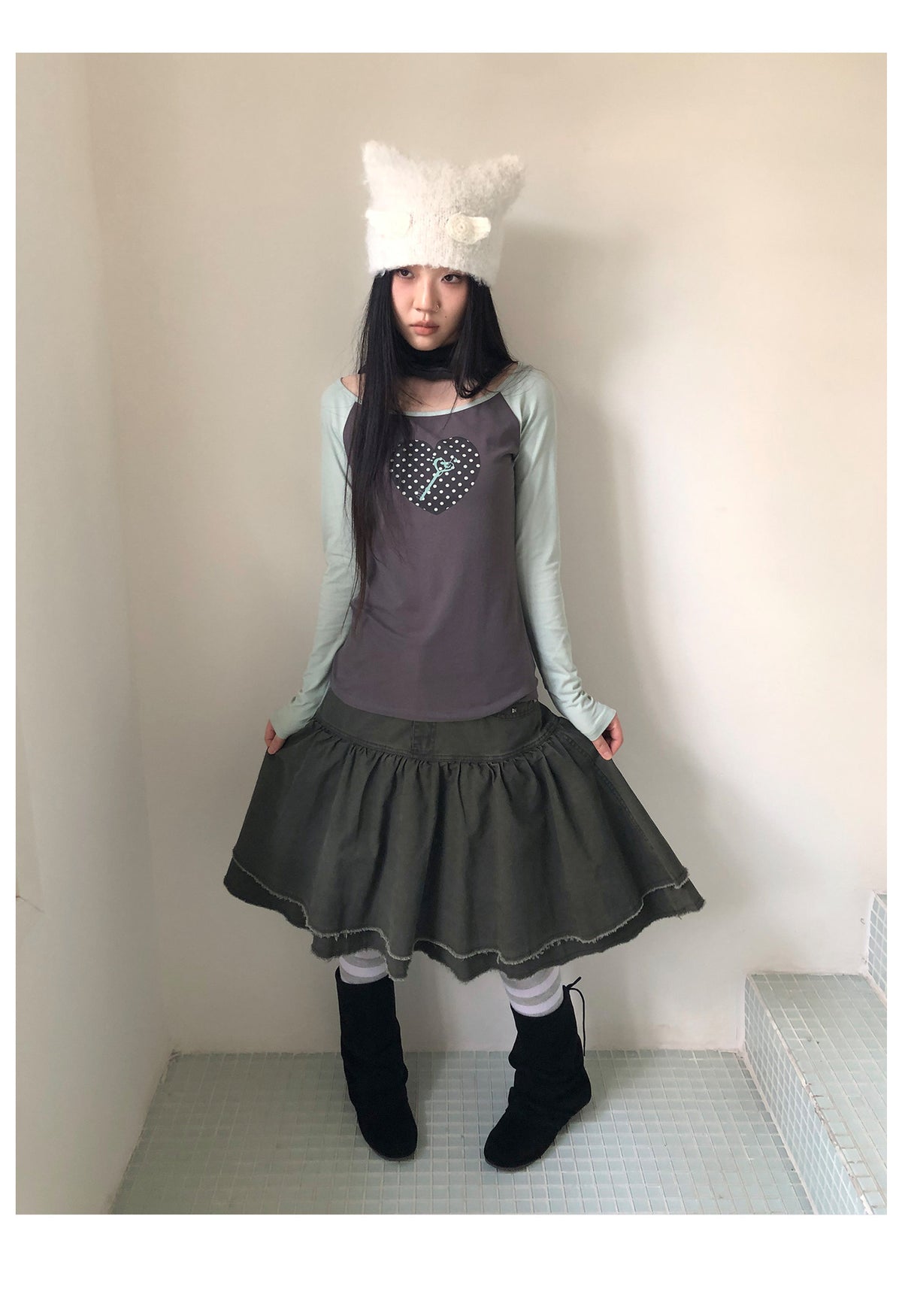 Polka Dot Heart Key Contrast Raglan Long Sleeve Tee