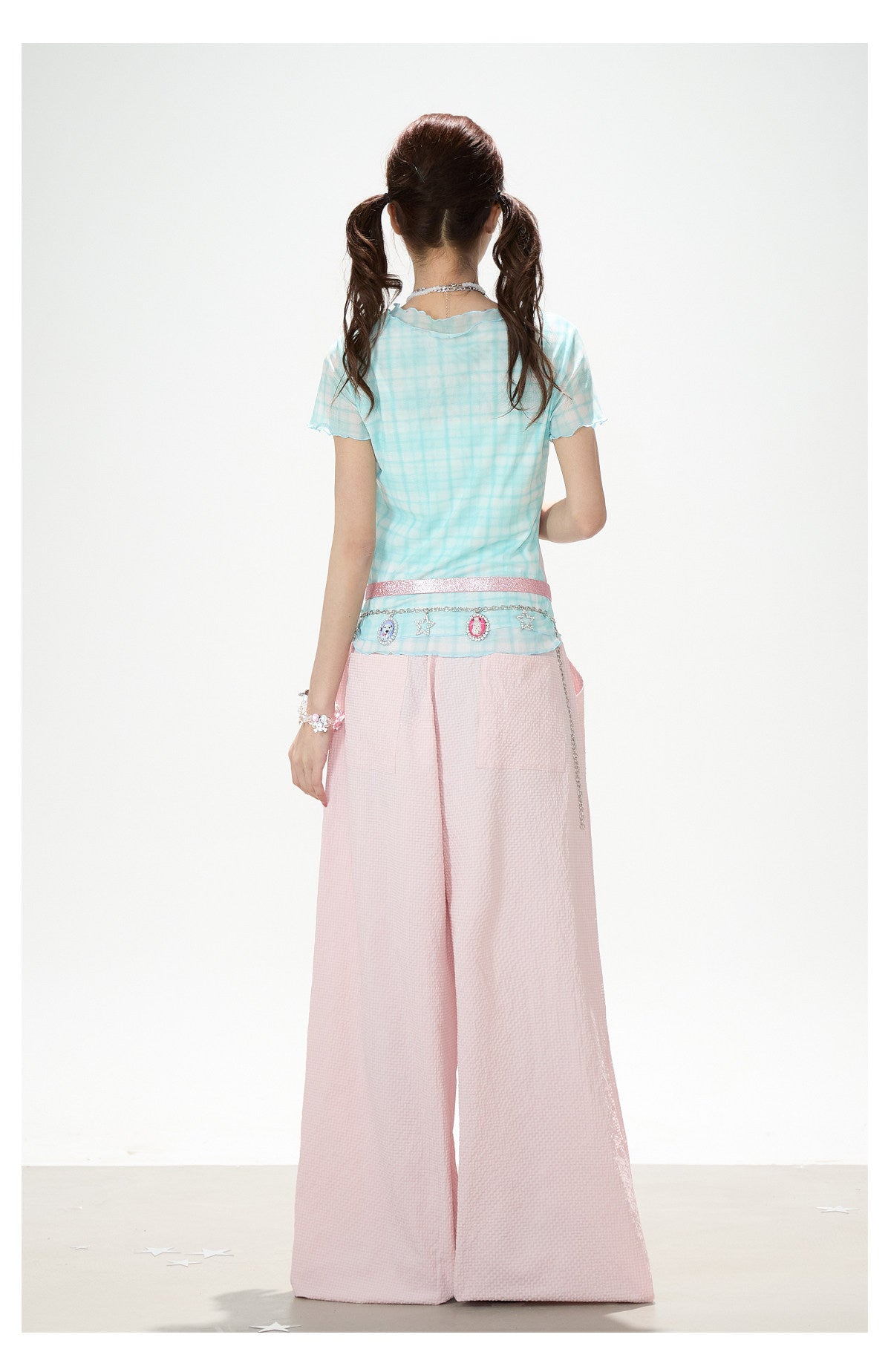 Pastel Cat Mesh Tee & Pink Star Wide-Leg Pants