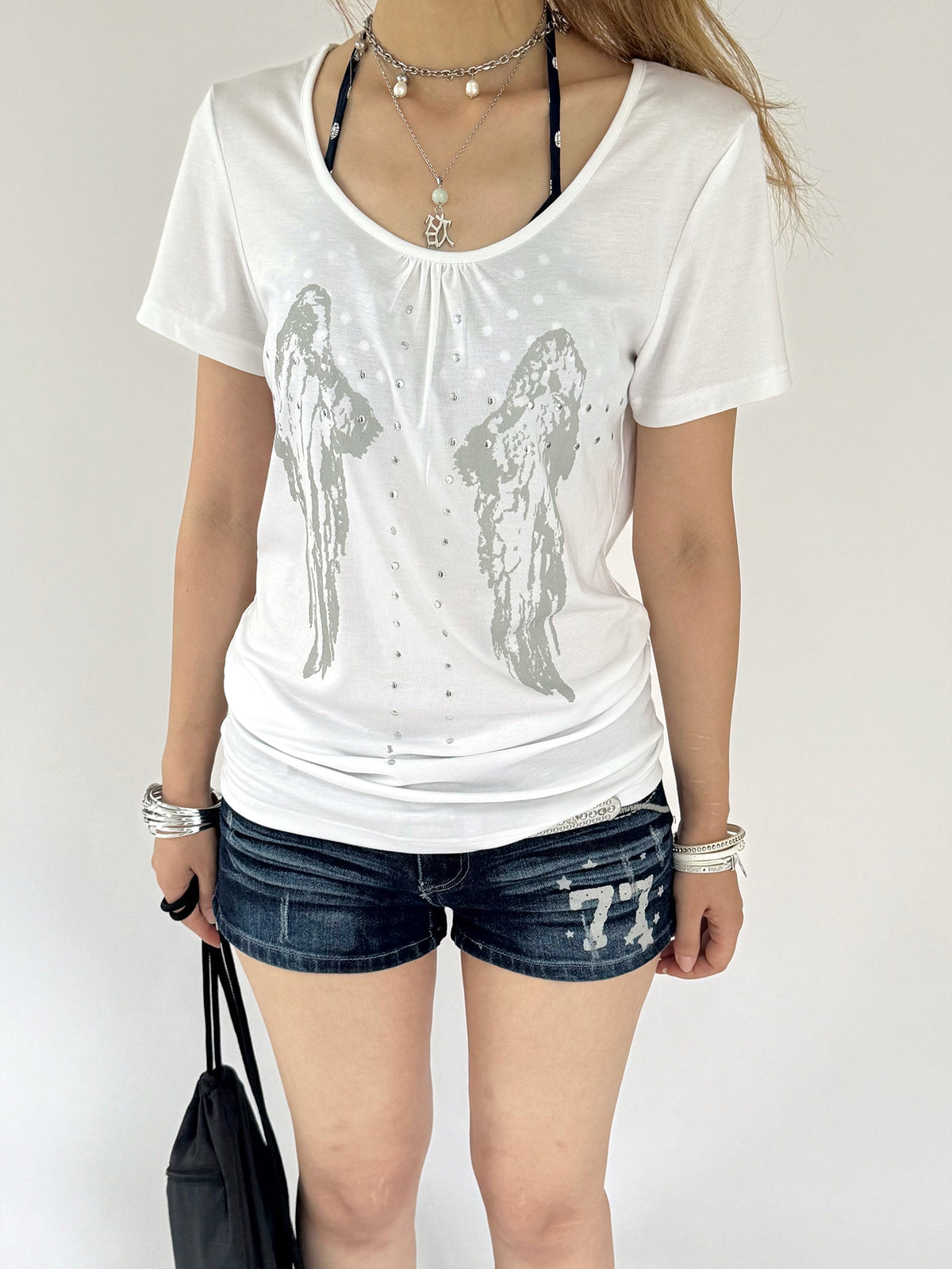 Angel Wing Rhinestone Ruched Tee