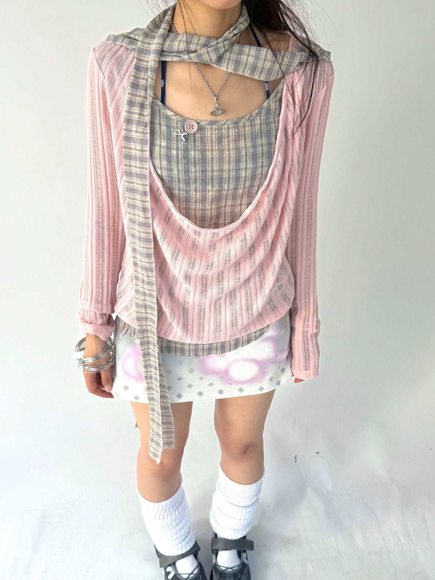 Dusty Pink Plaid Cowl-Neck Layered Top