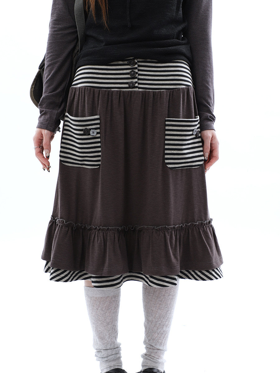 Striped Pocket Ruffle Layered Midi Skirt